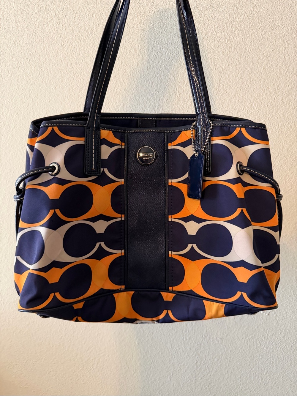 Coach E1326-F23902 Navy, Orange & Cream Signature Circle Tote w/Coach Patent Tag